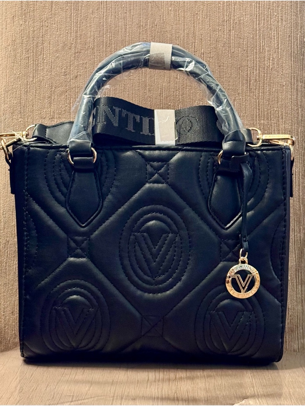 Black Valentino Quilted Top-Handle Tote Bag with Gold Charm